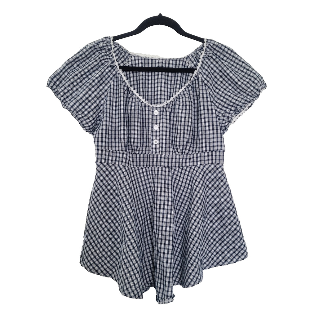Babydoll Gingham Top Size L Navy Button Cottagecore Prairie Country Barn